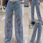 Kathy - Pantalones vaqueros de mezclilla con retazos y encaje a la moda