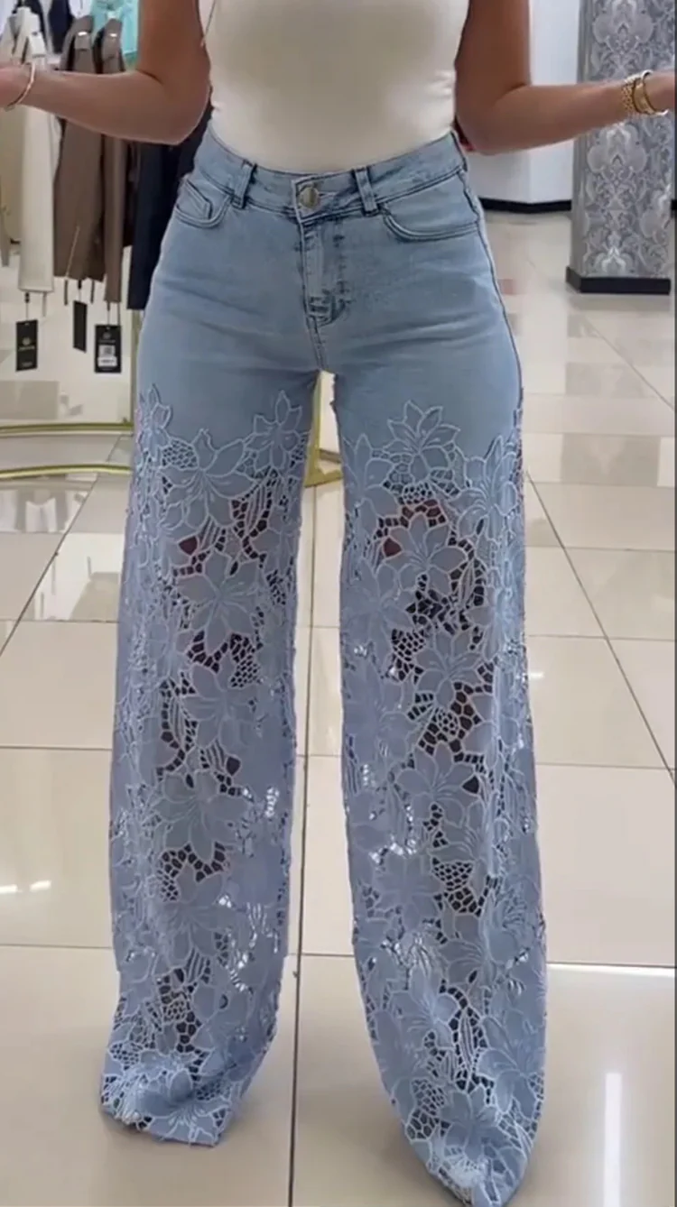 Kathy - Pantalones vaqueros de mezclilla con retazos y encaje a la moda