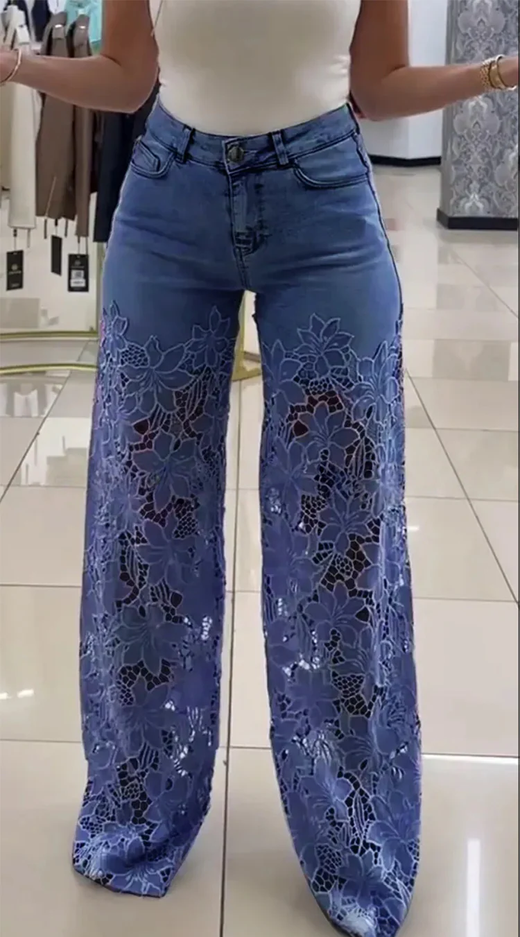 Kathy - Pantalones vaqueros de mezclilla con retazos y encaje a la moda